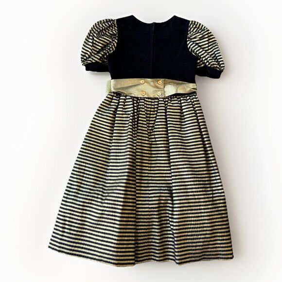 Vintage Sylvia Whyte Girls Holiday Black Gold Velvet Dress Size 12 Bow Striped - Picture 2 of 9